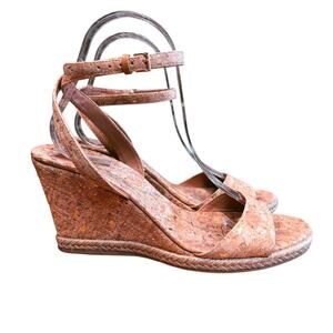 Tory Burch Marion Metallic Tan Cork Espadrille Wedges Size 8M Made in Brazil